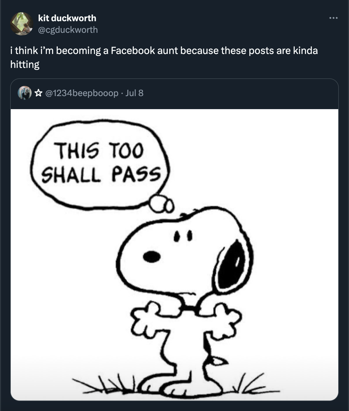 snoopy this too shall pass - kit duckworth i think i'm becoming a Facebook aunt because these posts are kinda hitting Jul 8 This Too Shall Pass